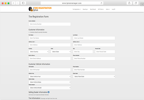 Tire Registration Plus Form Screenshot