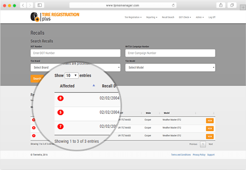 Tire Registration Plus Affected Customers Screenshot