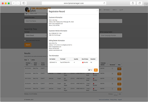 Tire Registration Plus Registration Details Screenshot