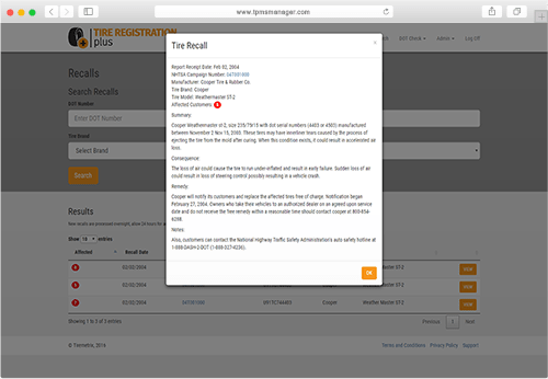 Tire Registration Plus Recall Details Screenshot