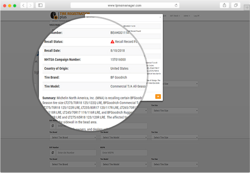 Tire Registration Plus Recall Warning screenshot