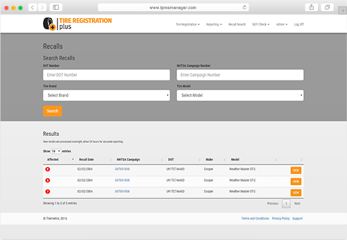 Tire Registration Plus Recall Search Screenshot