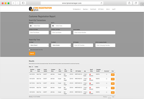 Tire Registration Plus History Screenshot