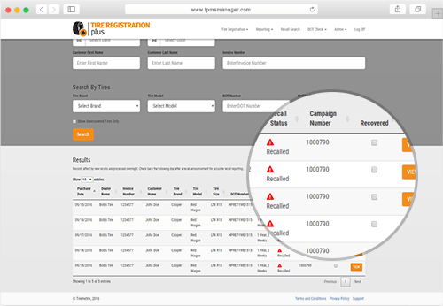 Tire Registration Plus Recall Recovery Screenshot