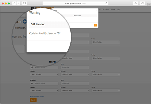 Tire Registration Plus Invalid DOT Warning Screenshot