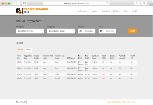 Tire Registration Plus Advanced Reporting Screenshot